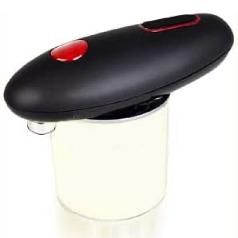 Black electric can opener seated on top of a can