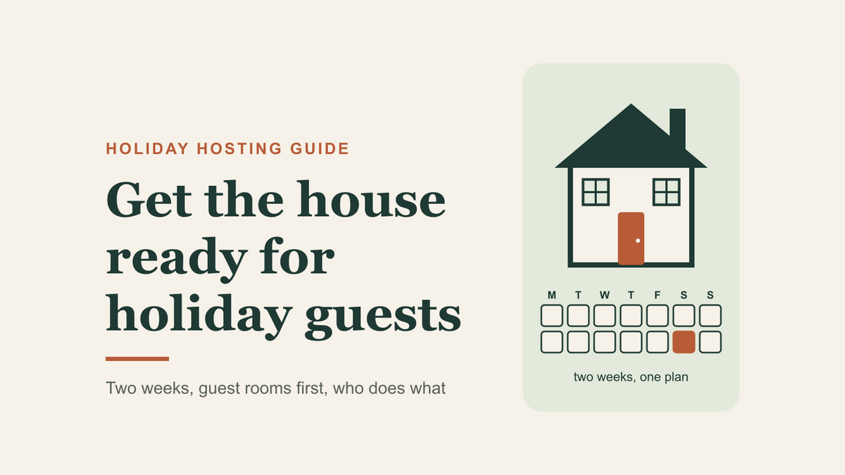 Illustrated cover for the NovaFinds guide Get the house ready for holiday guests: a simple house above a two-week strip of days with the arrival Saturday marked.