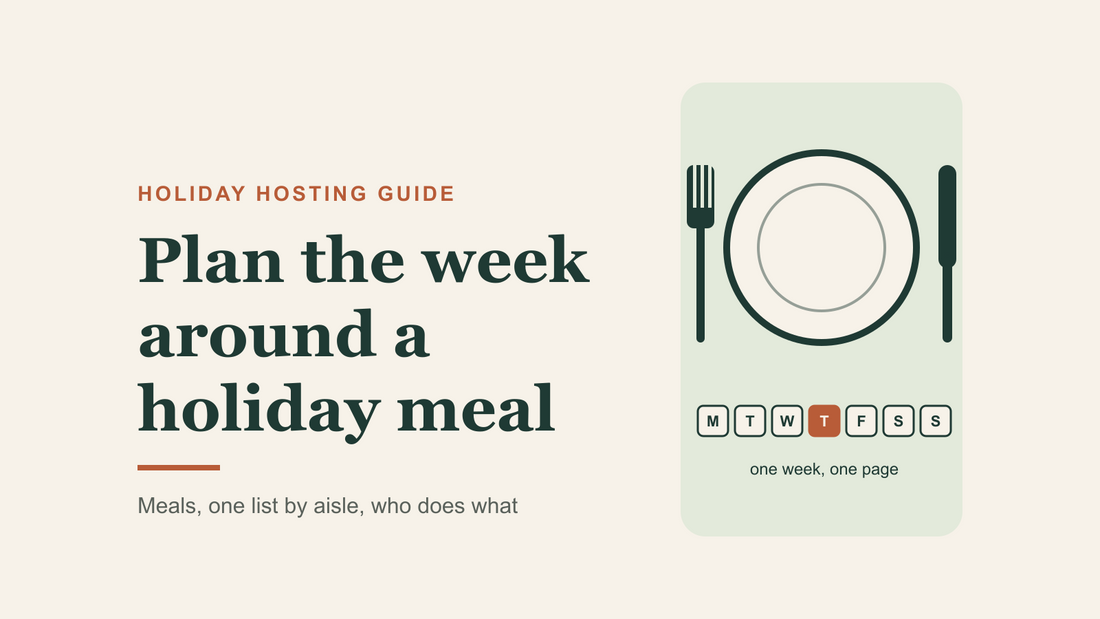 Illustrated cover for the NovaFinds guide Plan the week around a holiday meal: a plate with a fork and knife above a Monday-to-Sunday strip with Thursday marked.