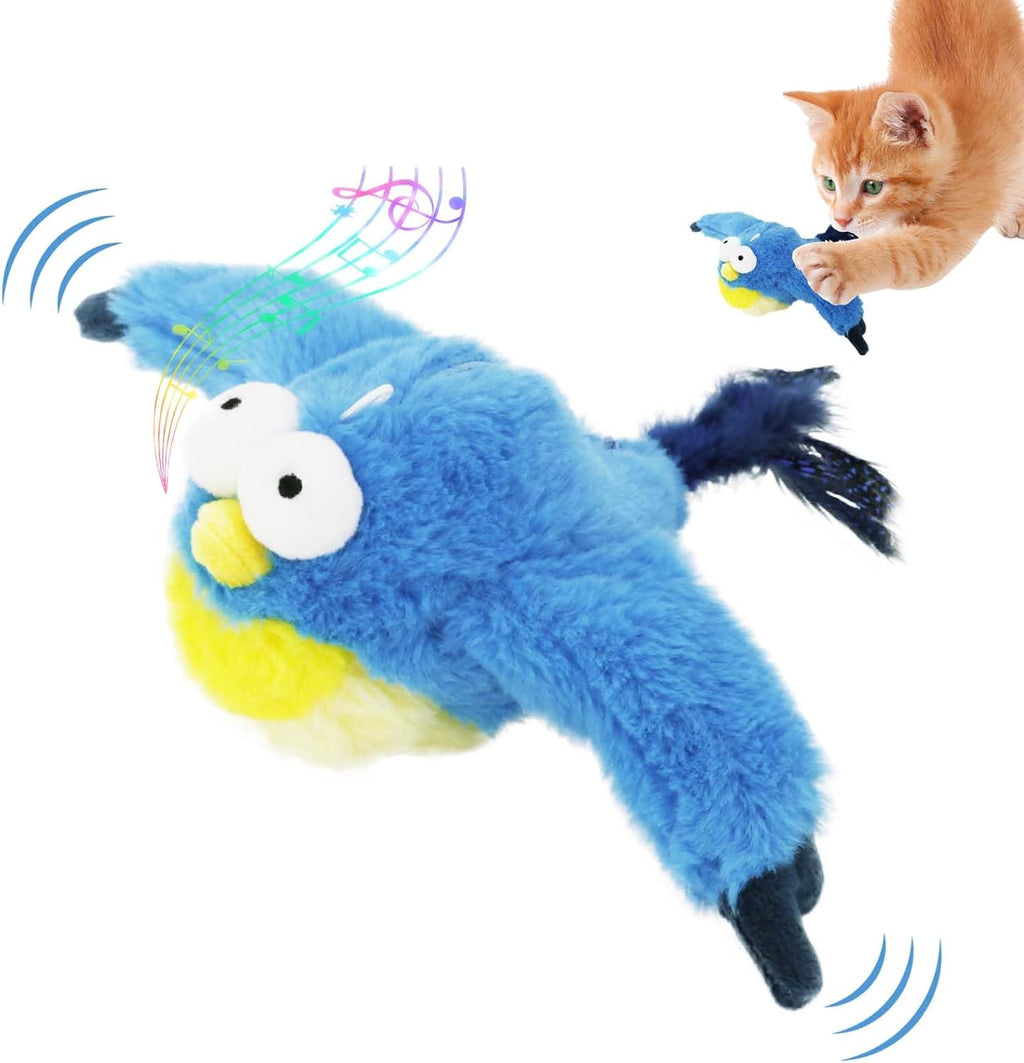 Blue bird toy flapping, with a kitten