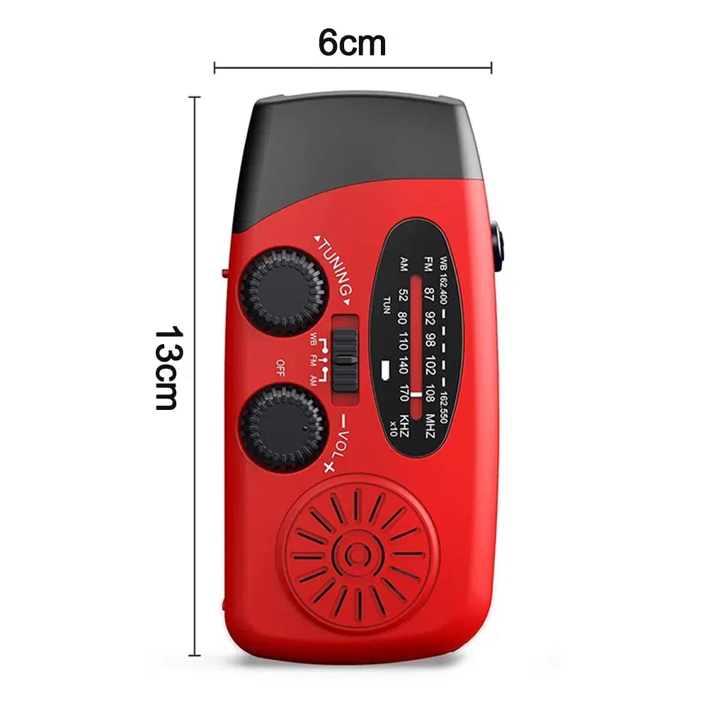 Emergency radio size: about 13 x 6 cm