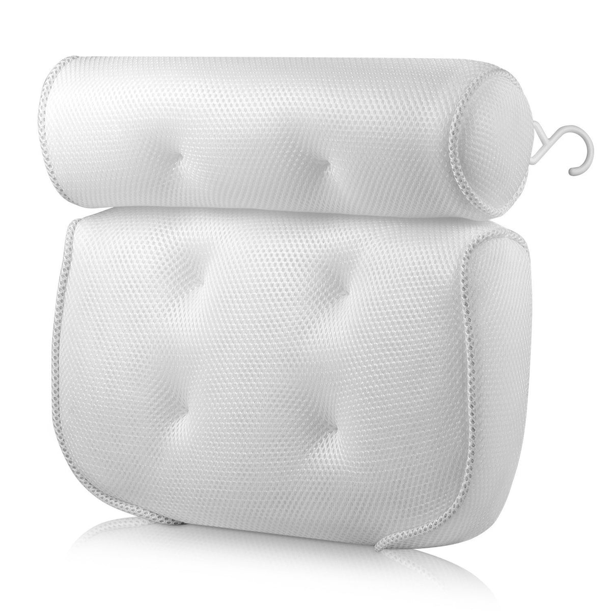 White mesh bath pillow with raised headrest and side hanging hook
