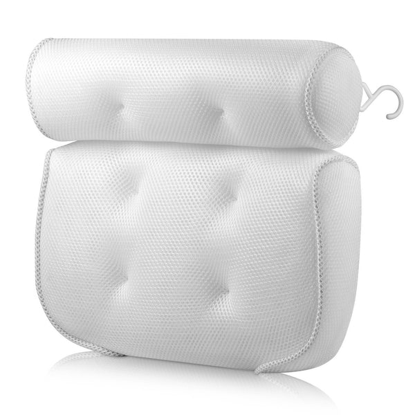 White mesh bath pillow with raised headrest and side hanging hook