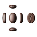 Brown bean-shaped rechargeable hand warmer shown from several angles