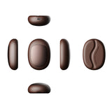 Brown bean-shaped rechargeable hand warmer shown from several angles