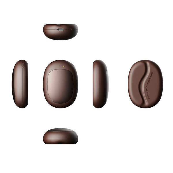 Brown bean-shaped rechargeable hand warmer shown from several angles