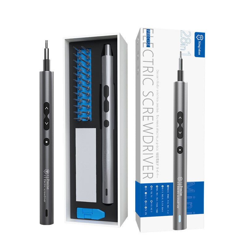 Precision electric screwdriver beside its open bit tray and retail box