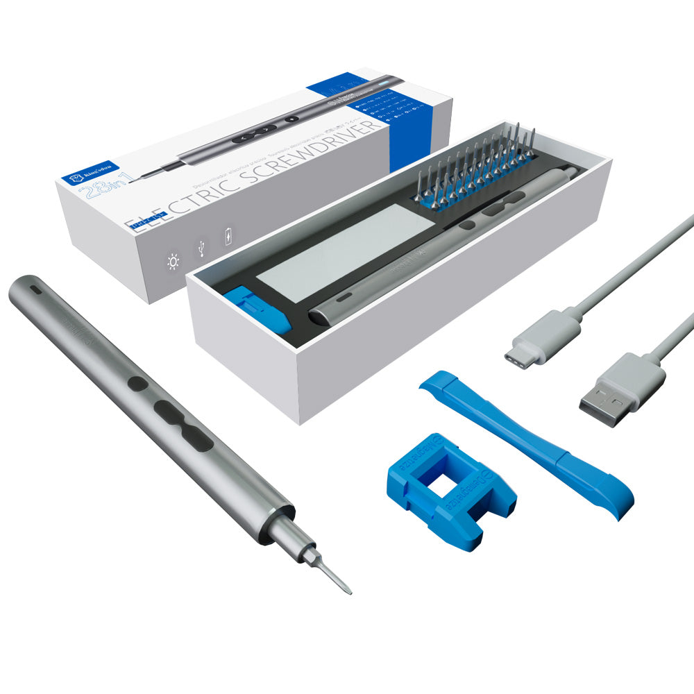 Precision screwdriver set with its box, Type-C cable and two blue helper tools