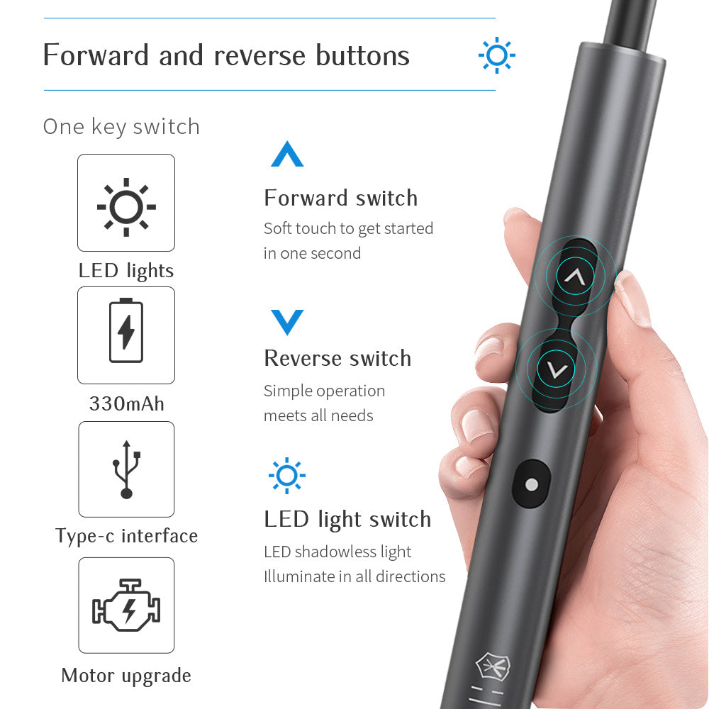 Close-up of the screwdriver's forward and reverse buttons and LED light switch