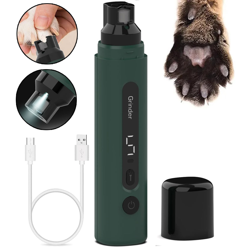 Green pet nail grinder with cap, USB cable and close-up paw illustrations