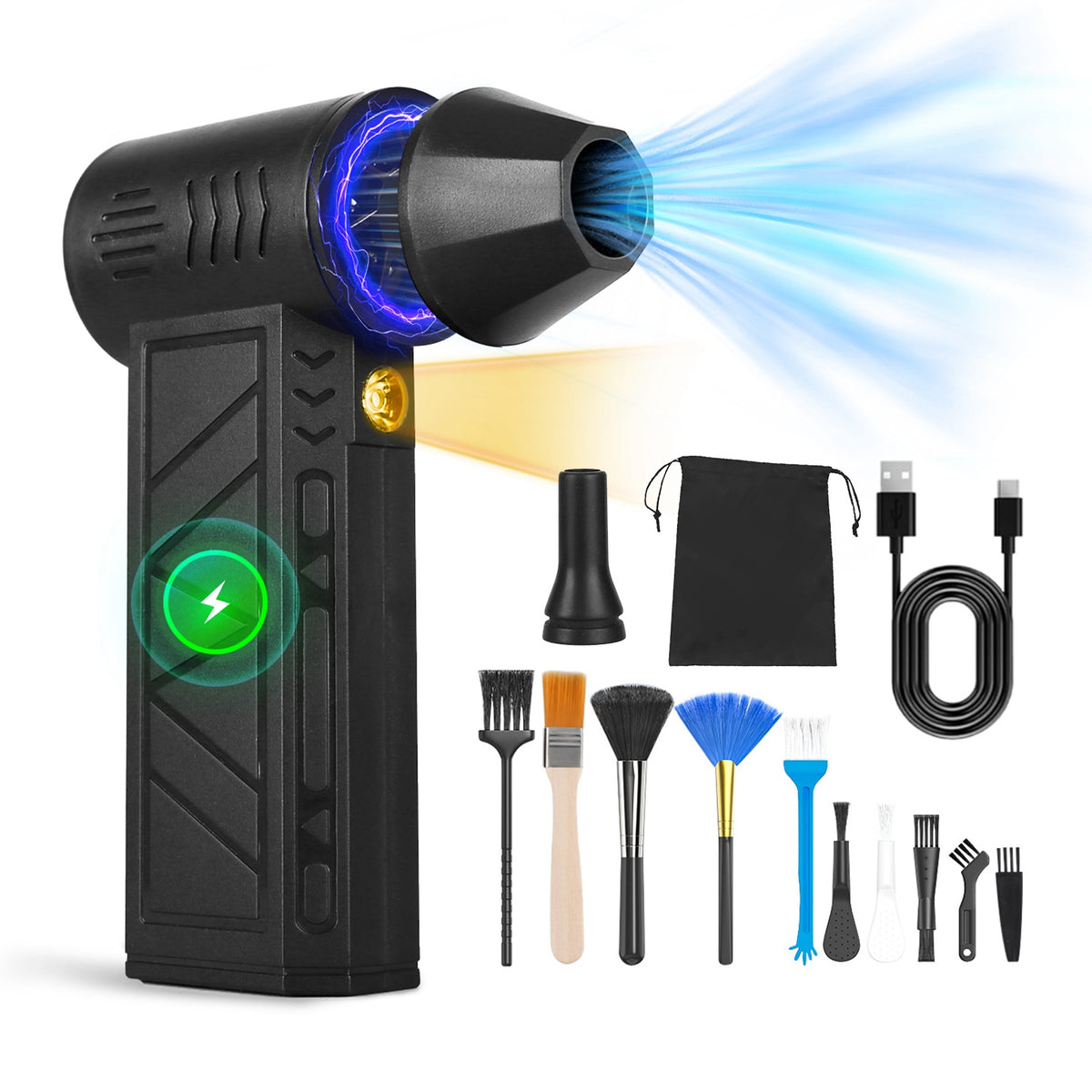 Black rechargeable air duster with nozzle, brushes and USB cable