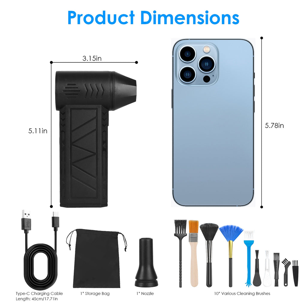 Size diagram of the black air duster with its charging cable, nozzle and brushes
