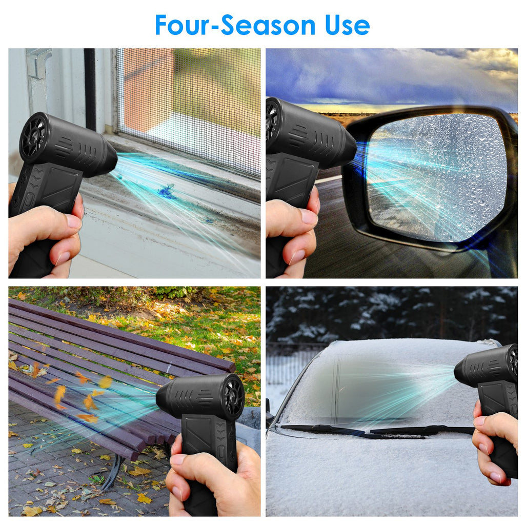 Air duster blowing dust from a window, a car mirror, a bench and a windshield
