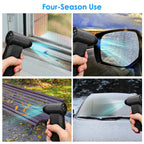 Air duster blowing dust from a window, a car mirror, a bench and a windshield