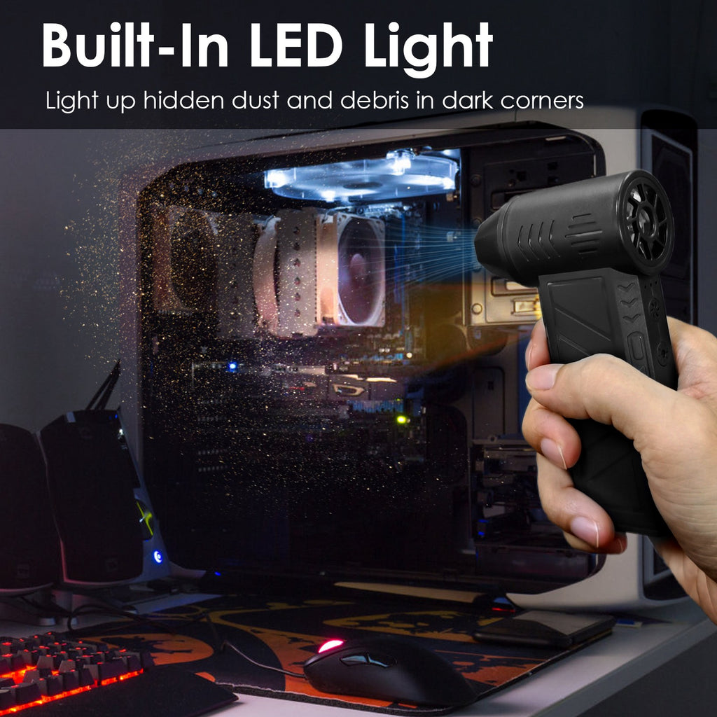 Air duster with its LED light on, aimed inside a computer case