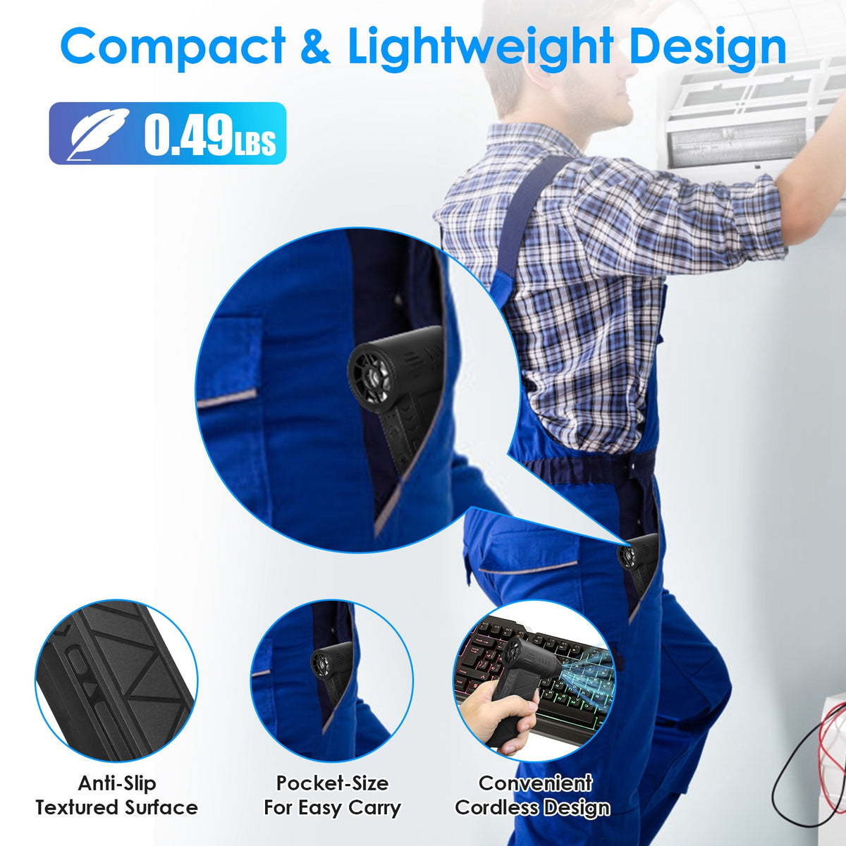 Black air duster tucked in a work-trouser pocket