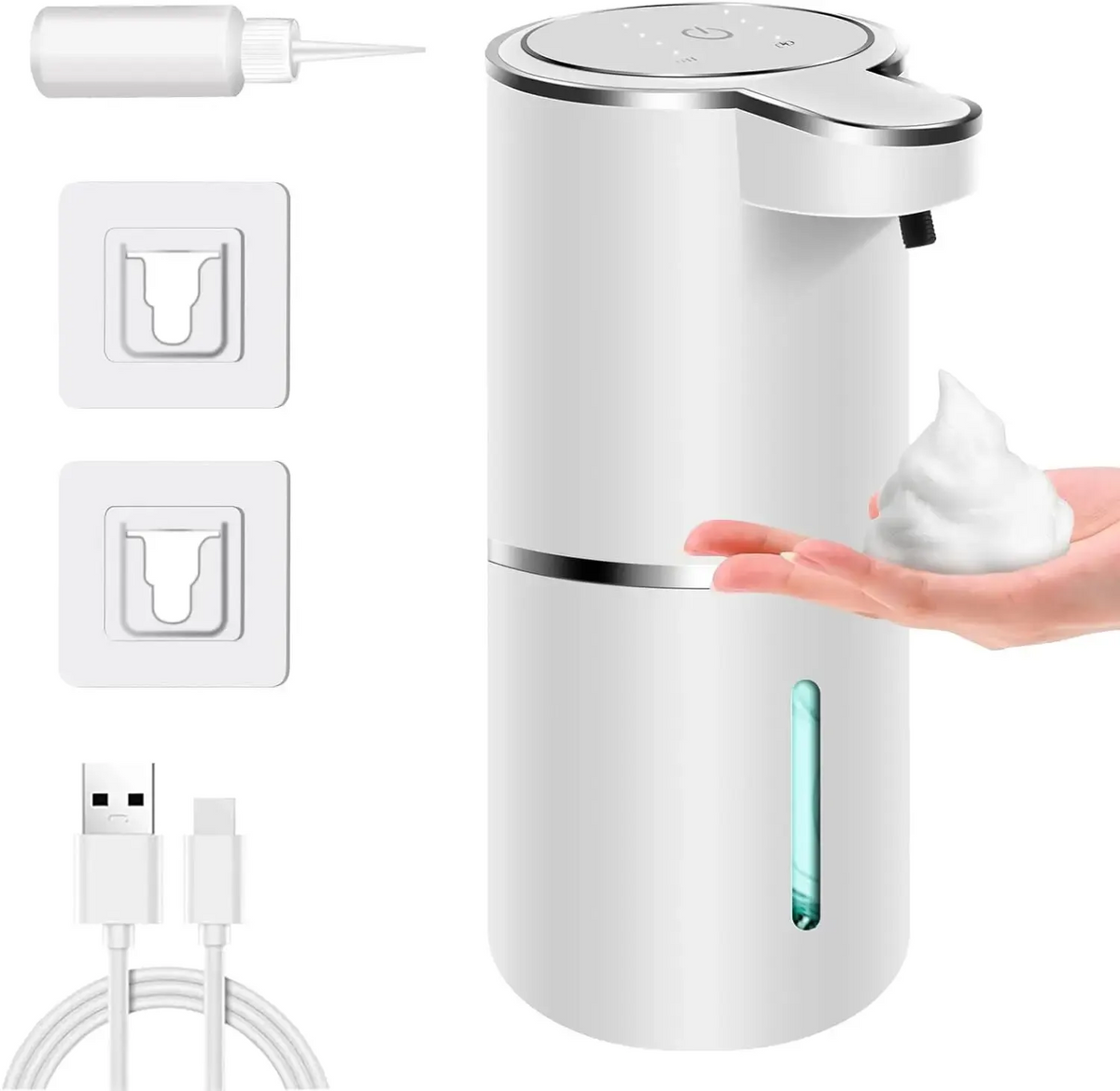 White touchless foaming soap dispenser shown with a hand beneath the nozzle and accessory illustrations