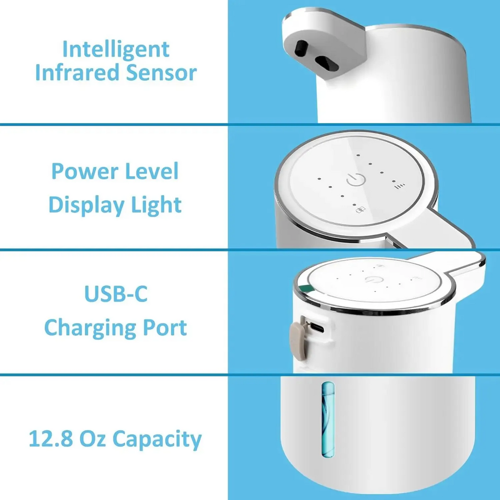 Diagram of the infrared sensor, power display, USB-C charging port and tank