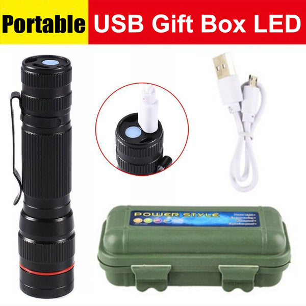 Mini flashlight with its USB charging cable and carry case