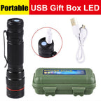 Mini flashlight with its USB charging cable and carry case