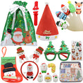 Christmas Set A contents: gift bag, Santa hat, finger puppets, tree glasses, stocking, stickers and mini squishies