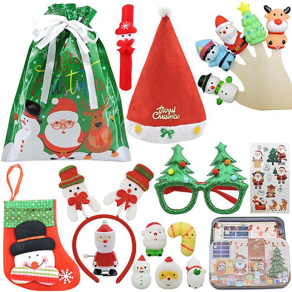 Christmas Set A contents: gift bag, Santa hat, finger puppets, tree glasses, stocking, stickers and mini squishies