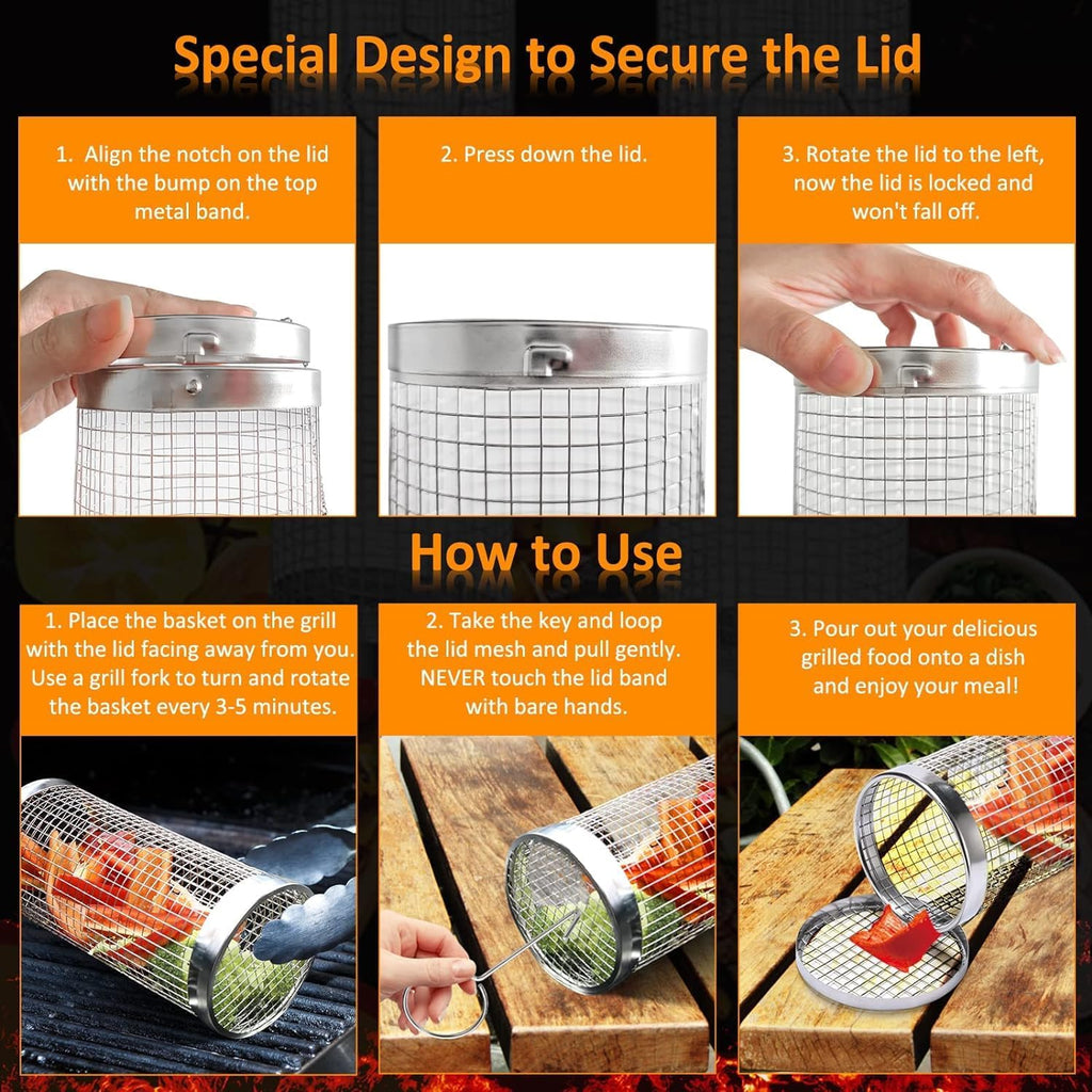 How to close the basket lid and use the basket on the grill