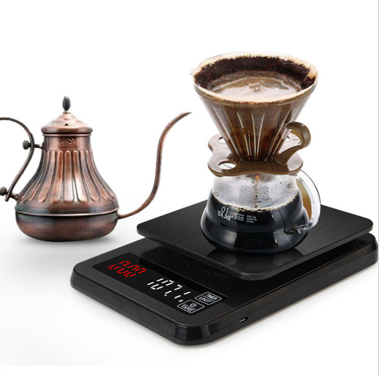 Coffee scale weighing a pour-over brew beside a kettle