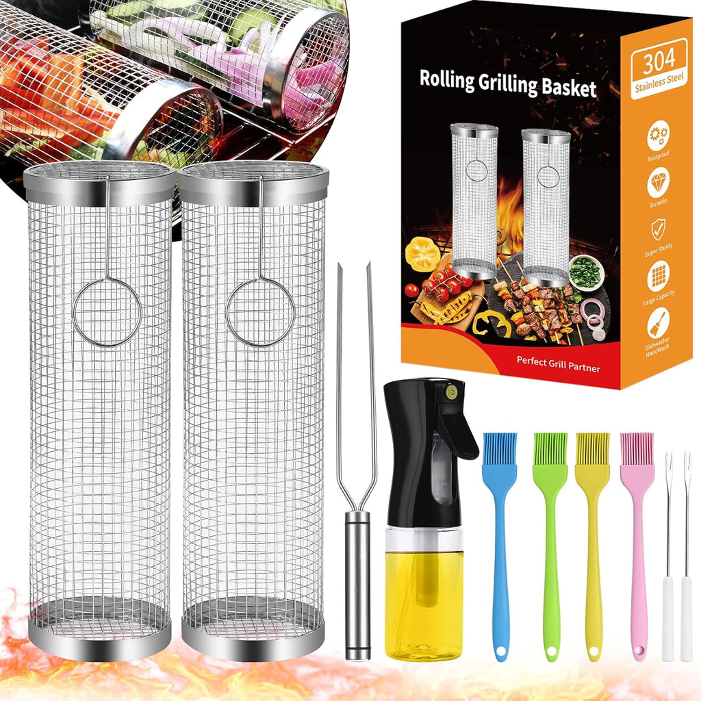 Two cylindrical grill baskets with brushes, utensils, an oil bottle and packaging