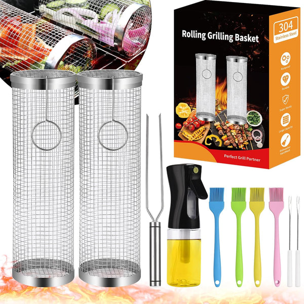 Two cylindrical grill baskets with brushes, utensils, an oil bottle and packaging