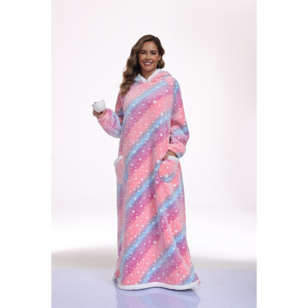 Pink star-print wearable blanket worn with the hood down