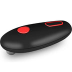Black electric can opener with red start button and red trim on a white background