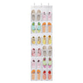 White 24-pocket hanging organizer with three hooks and assorted footwear