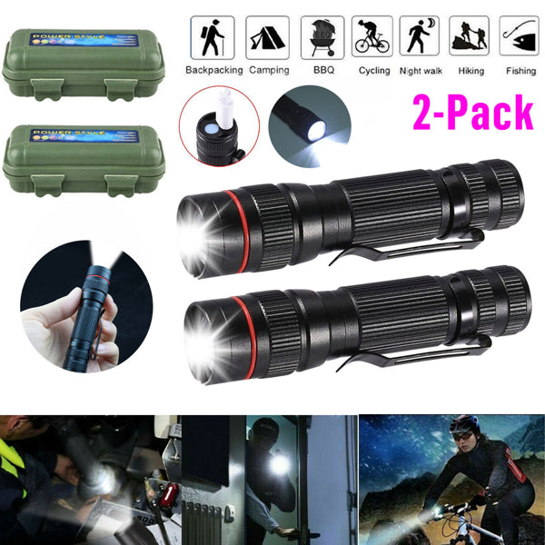 Two black mini flashlights and two green storage boxes in a product collage