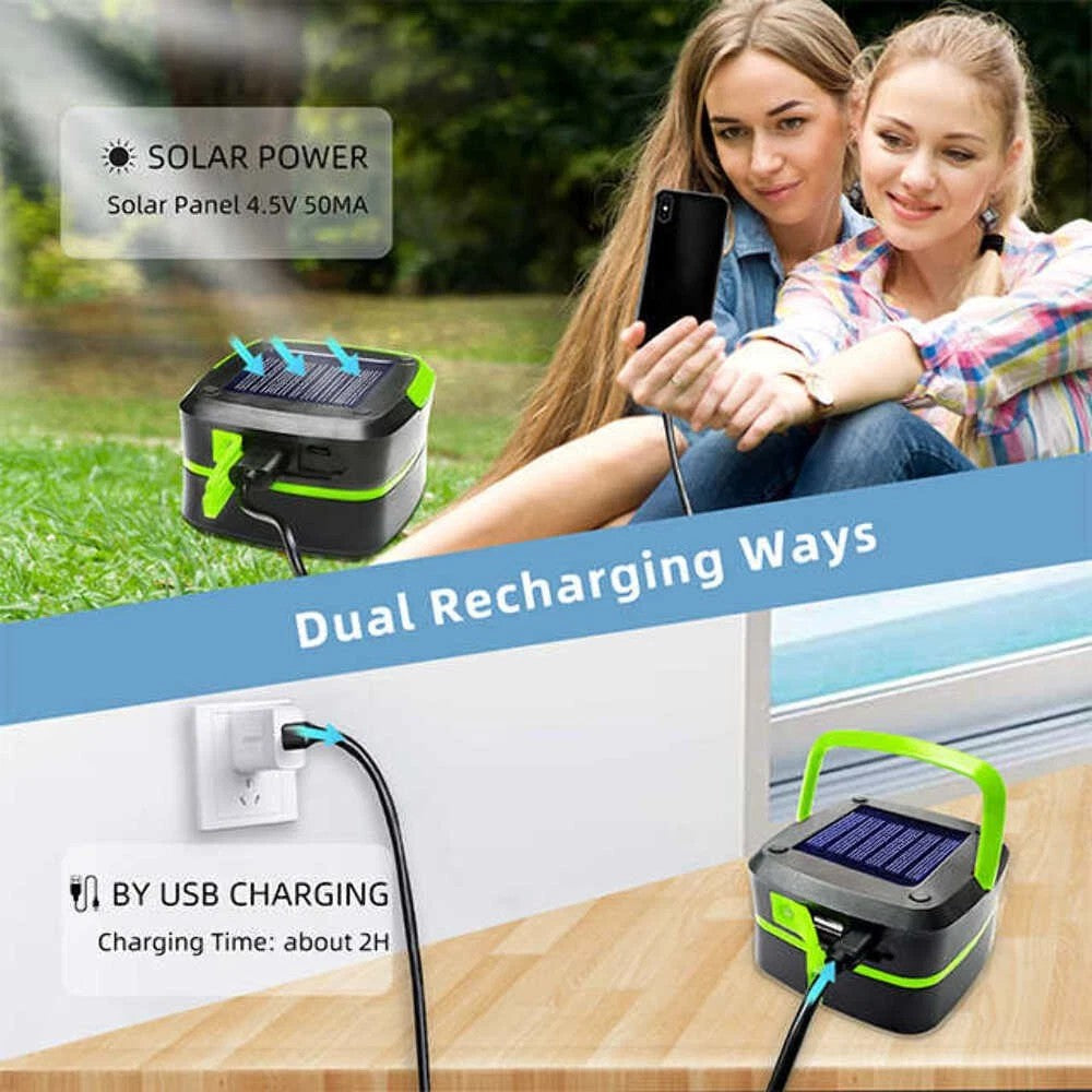 Lantern charging from sunlight on its solar panel or from a USB wall adapter