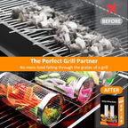 Vegetables and skewers in rolling grill baskets on a grill