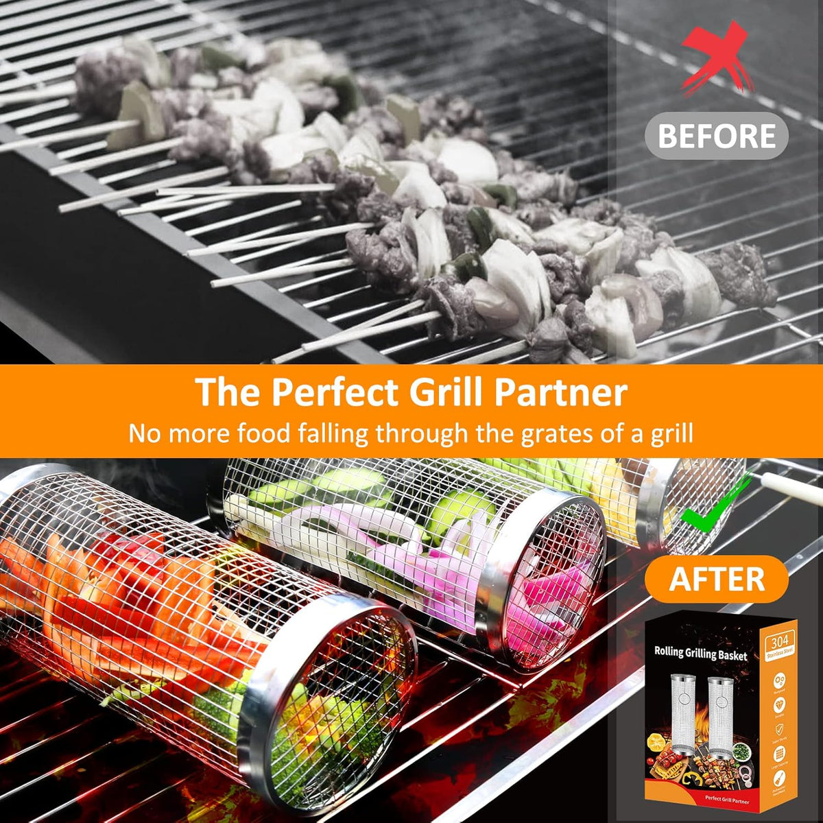 Vegetables and skewers in rolling grill baskets on a grill