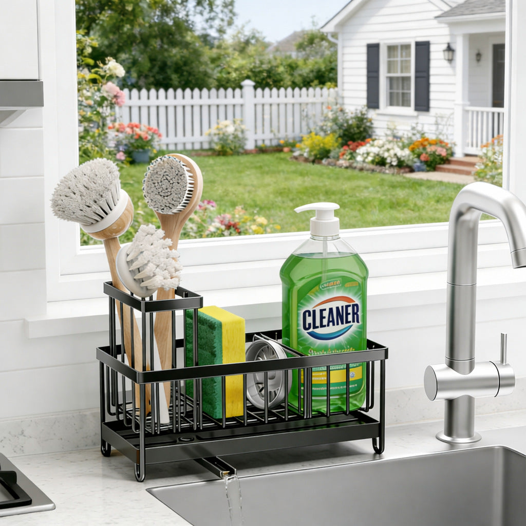 Sink caddy holding brushes, a sponge and dish soap by a kitchen window