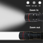 Zoom head for a narrow spot or a wide beam, with bright, dim and flashing modes