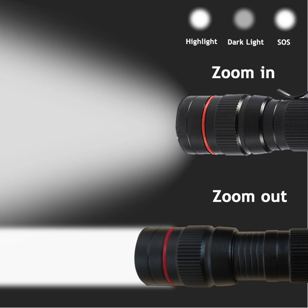 Zoom head for a narrow spot or a wide beam, with bright, dim and flashing modes