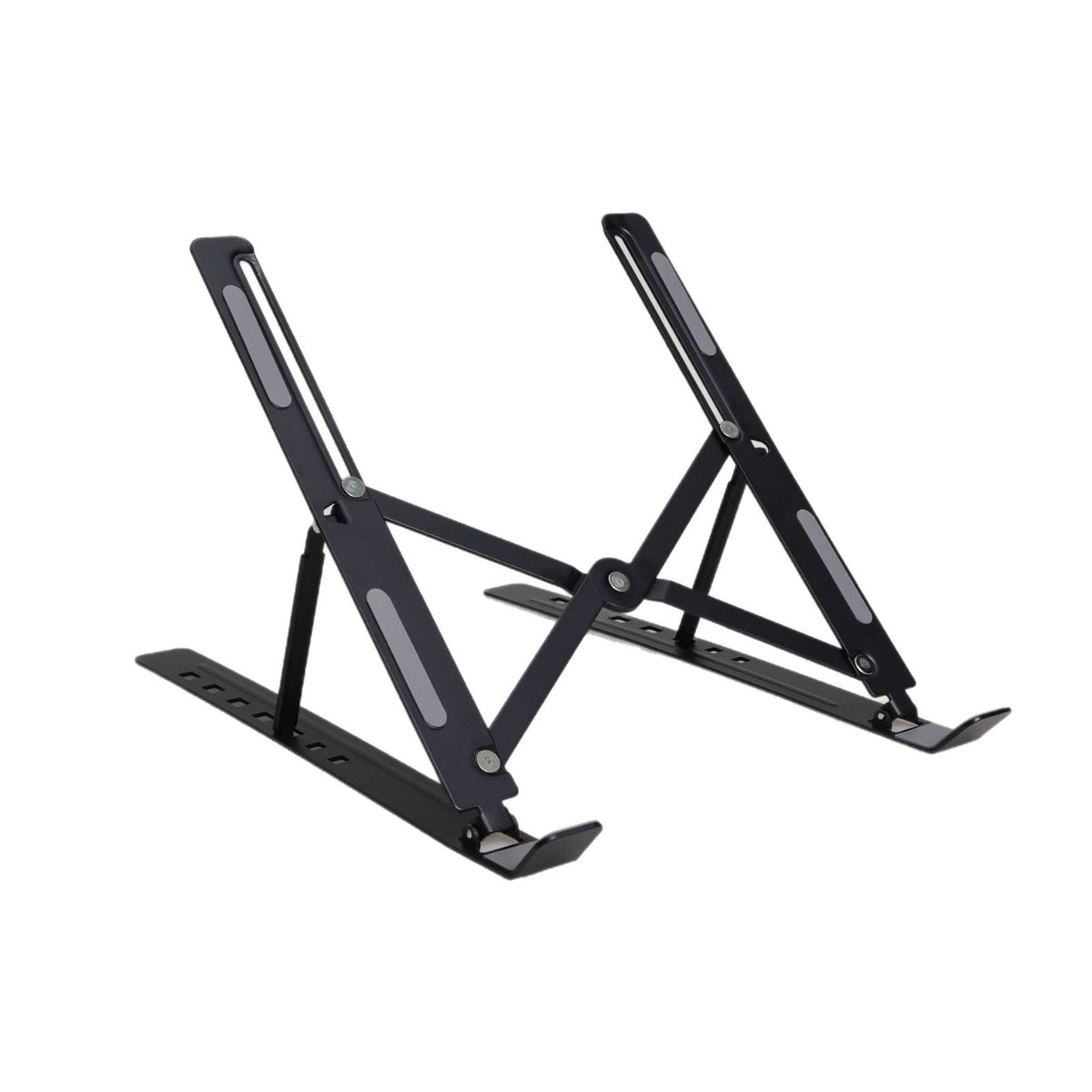 Black folding laptop stand opened to an angled position with gray contact pads