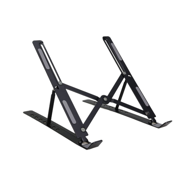 Black folding laptop stand opened to an angled position with gray contact pads
