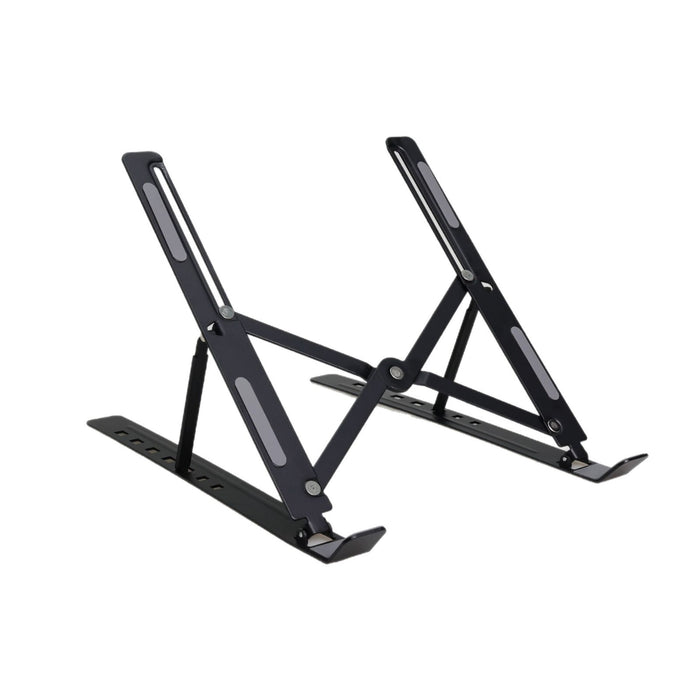 Black folding laptop stand opened to an angled position with gray contact pads