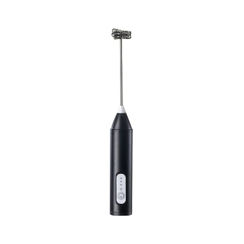 Black handheld milk frother with its metal whisk attached, on a white background.