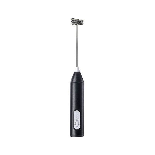 Black handheld milk frother with its metal whisk attached, on a white background.