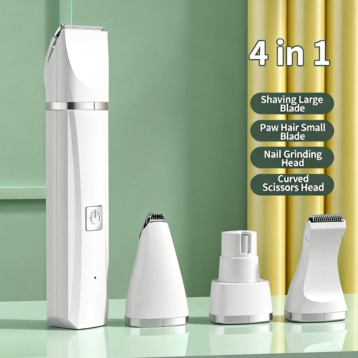 White grooming unit with its four heads: large blade, small paw blade, nail grinding head and curved blade
