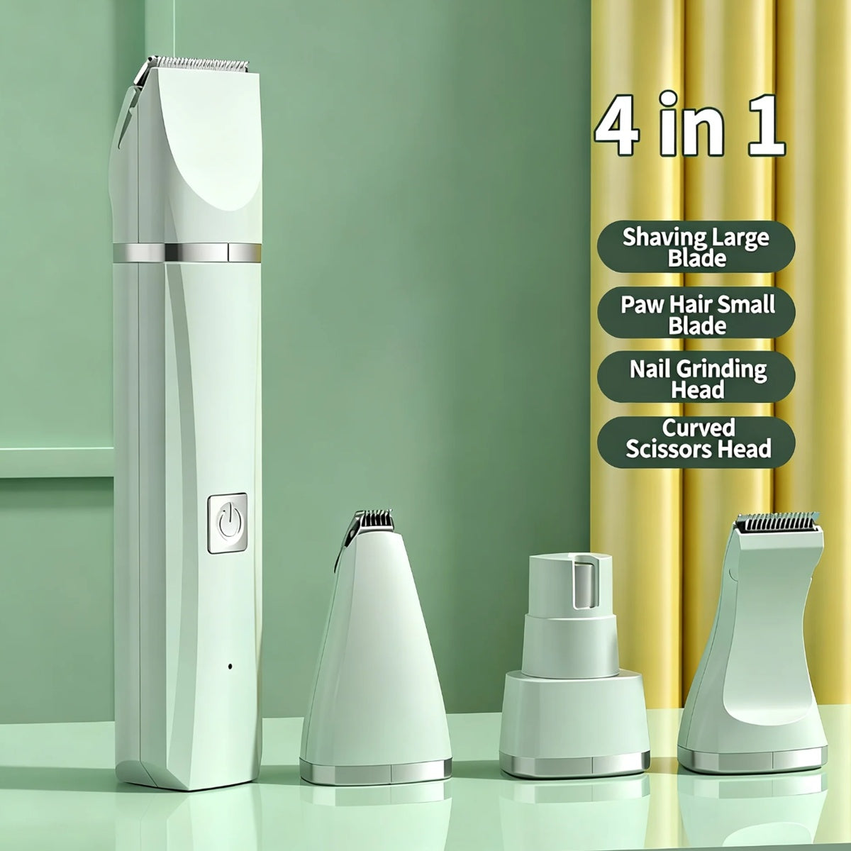 Mint pet grooming handle with an attached clipper head and three interchangeable heads