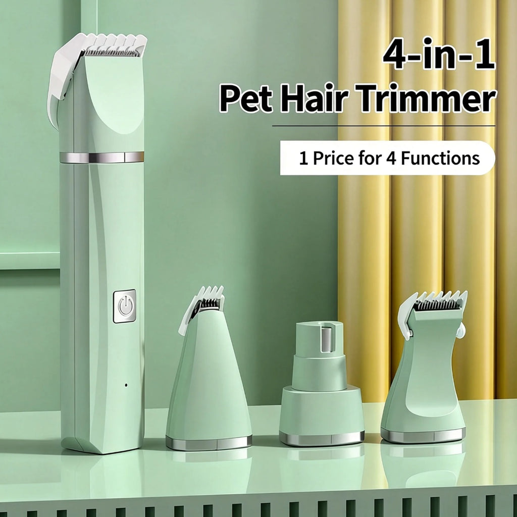Green 4-in-1 pet trimmer with its three extra heads