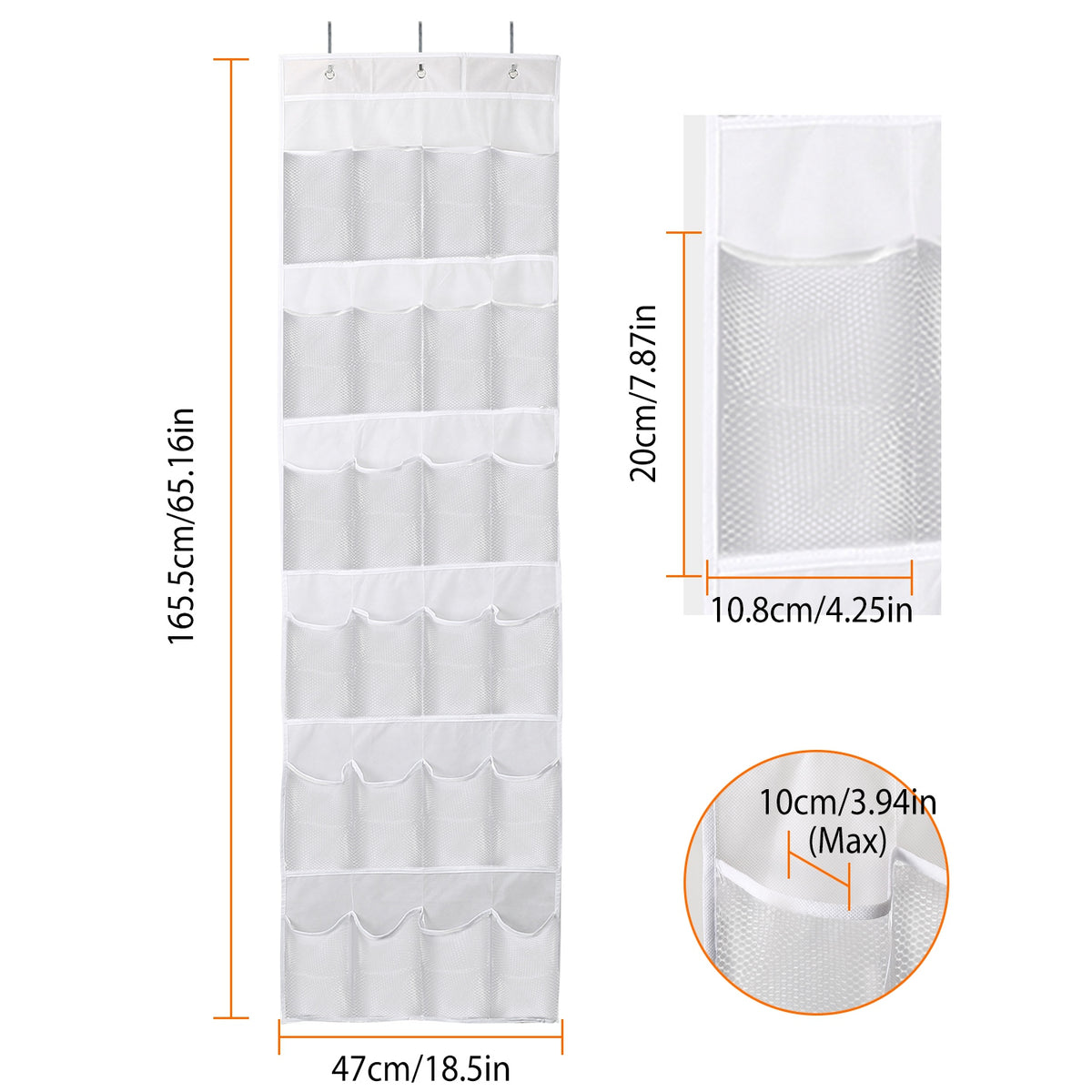 Size diagram of the 24-pocket hanging organizer and a single pocket