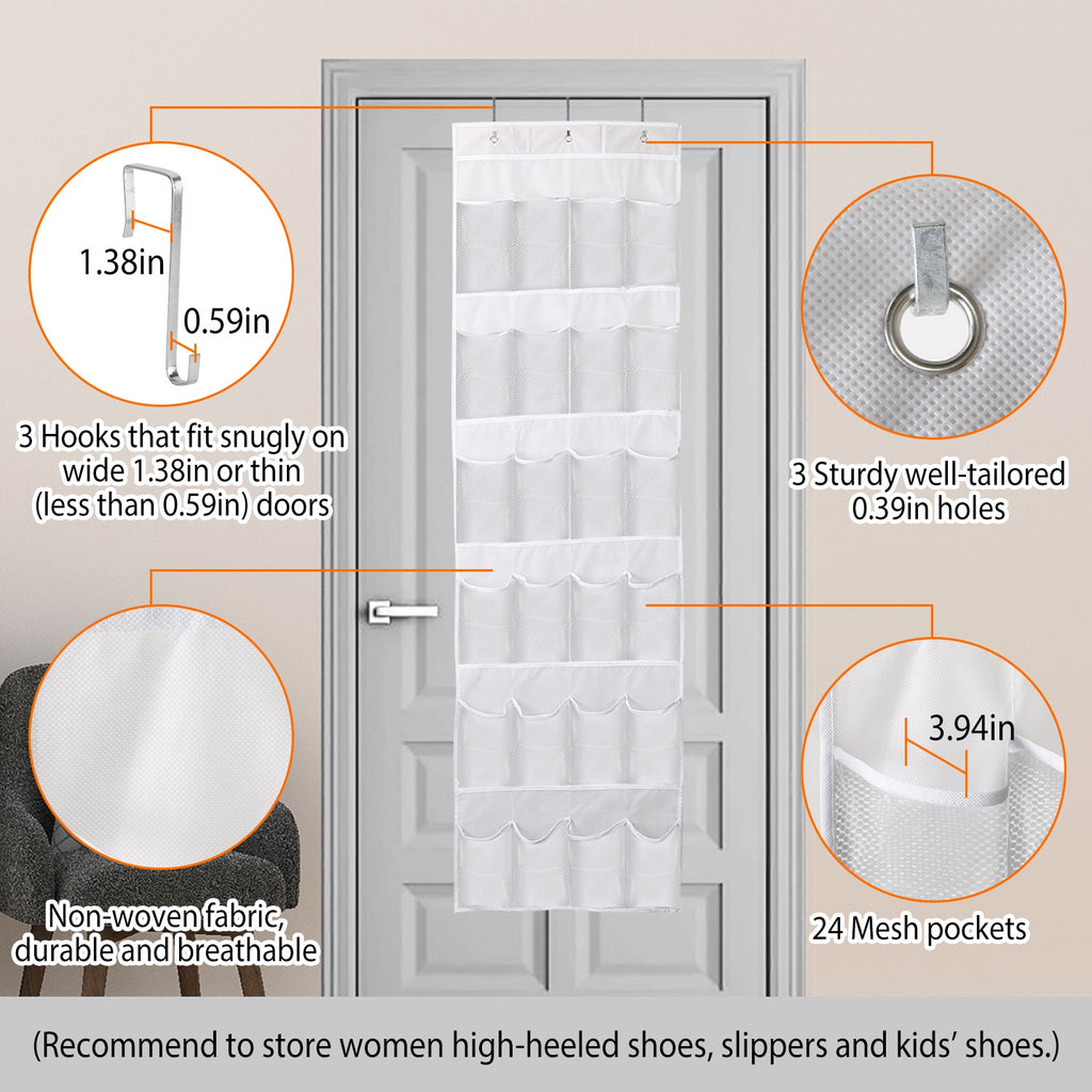 Diagram of the organizer's three metal hooks and its non-woven fabric with 24 mesh pockets
